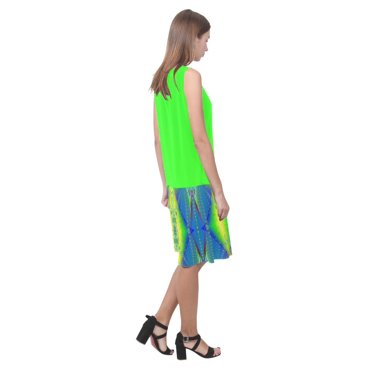 Colorful Neon Webs on the Water Fractal Abstract Sleeveless Splicing Shift Dress(Model D17)