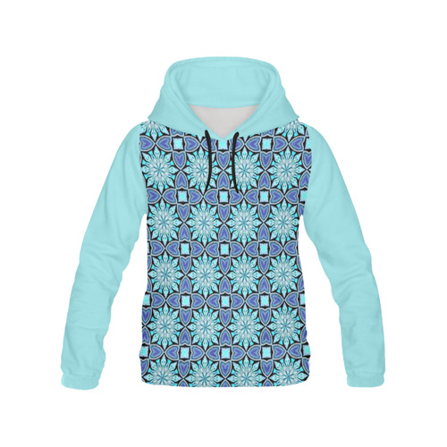 Aqua Blue Hearts and Flowers All Over Print Hoodie for Women (USA Size) (Model H13)