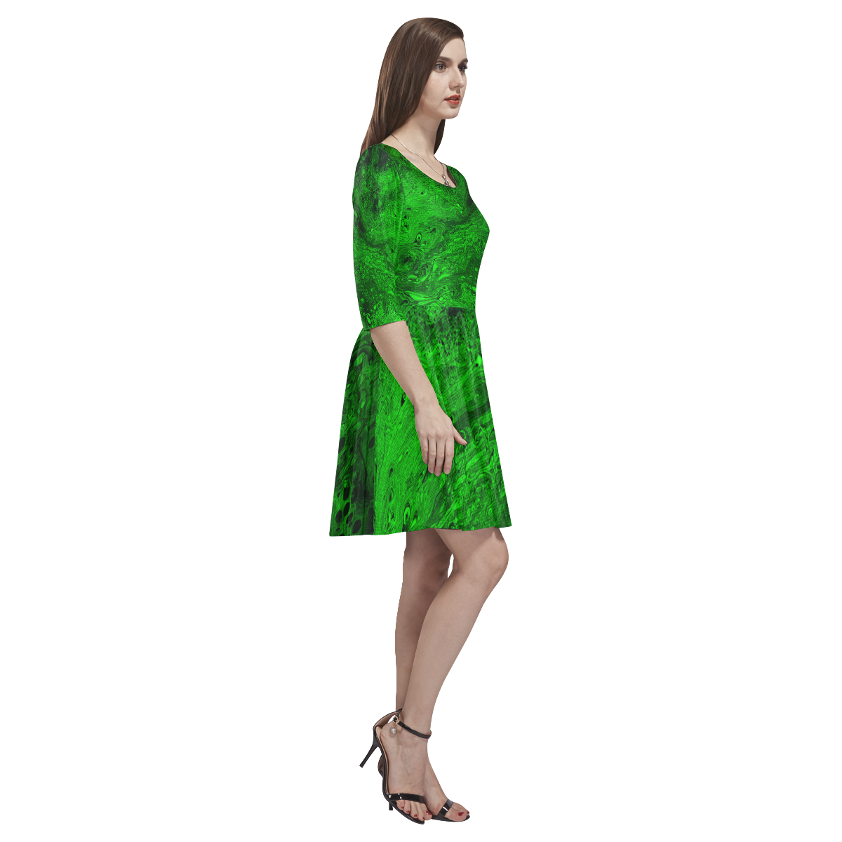 Secret Caves - Green Tethys Half-Sleeve Skater Dress(Model D20)