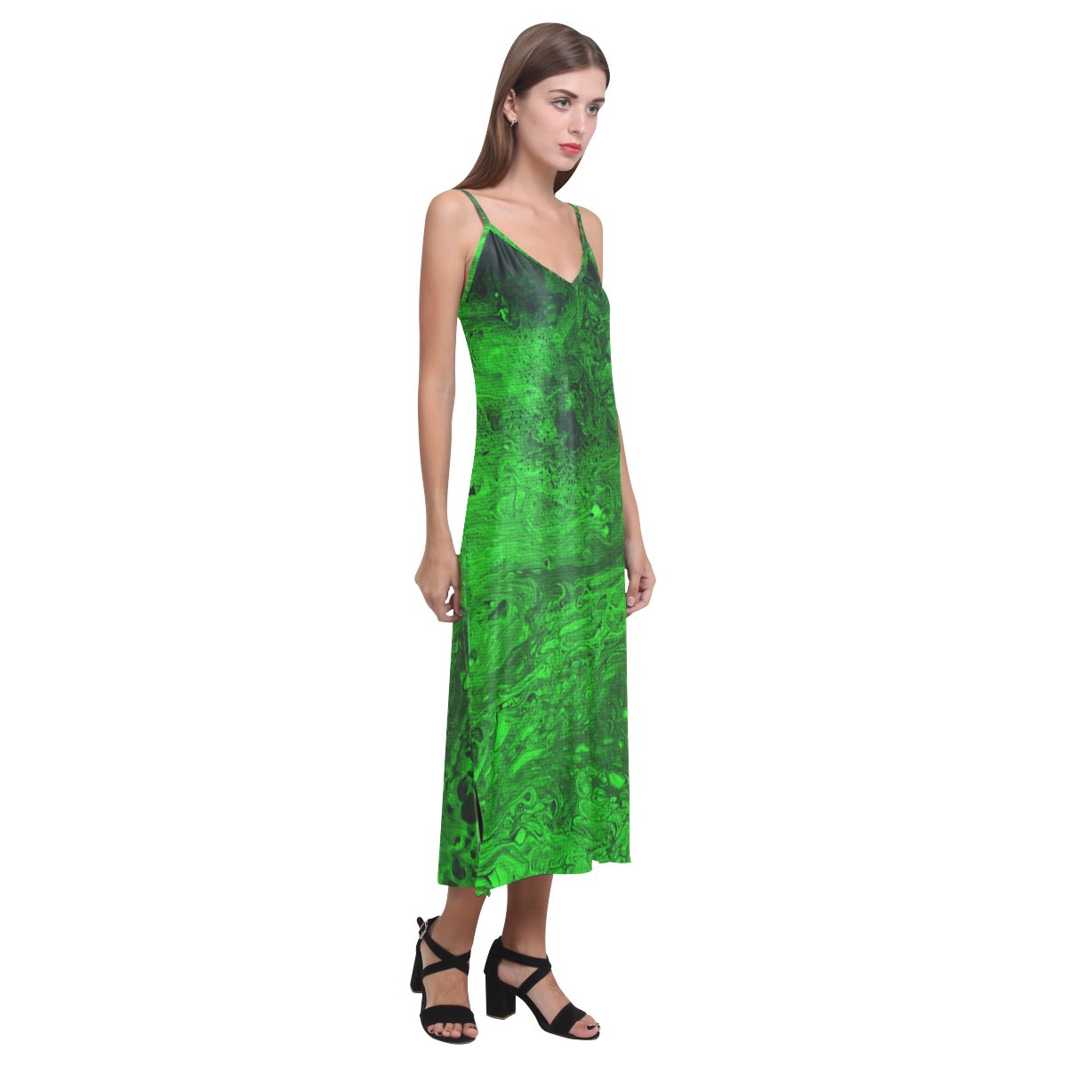 Secret Caves - Green V-Neck Open Fork Long Dress(Model D18)