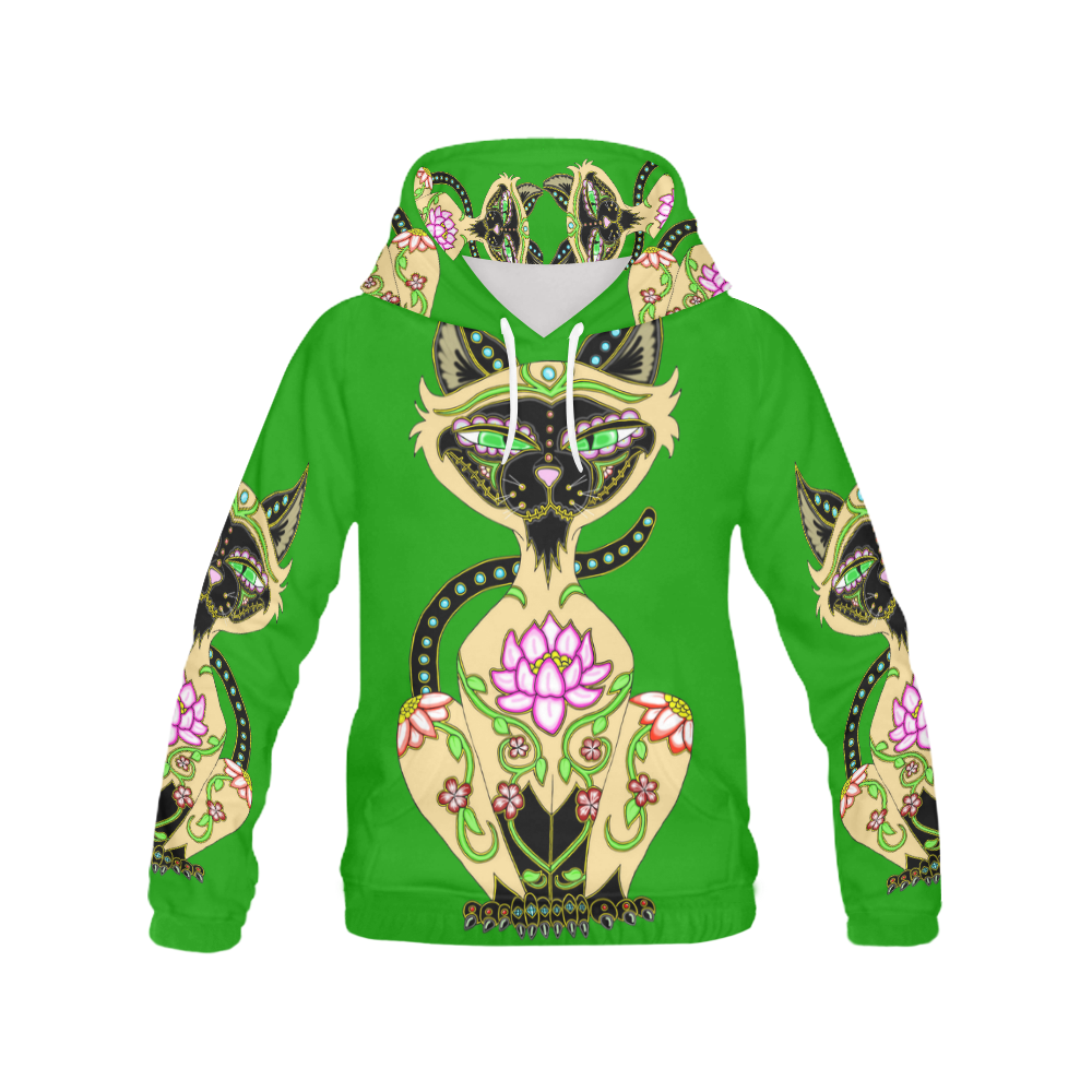 Siamese Cat Sugar Skull Green All Over Print Hoodie for Men (USA Size) (Model H13)