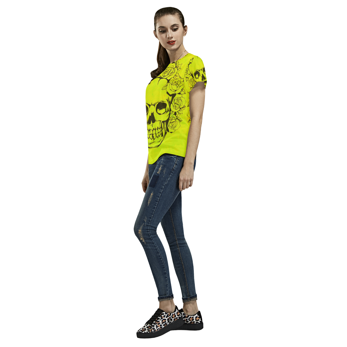 Skull with roses, yellow All Over Print T-Shirt for Women (USA Size) (Model T40)