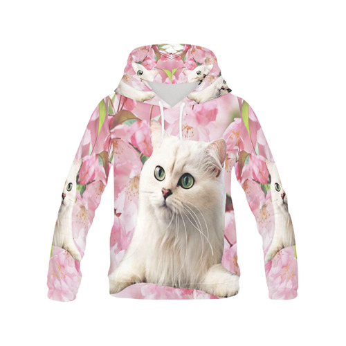 Cat and Flowers All Over Print Hoodie for Women (USA Size) (Model H13)