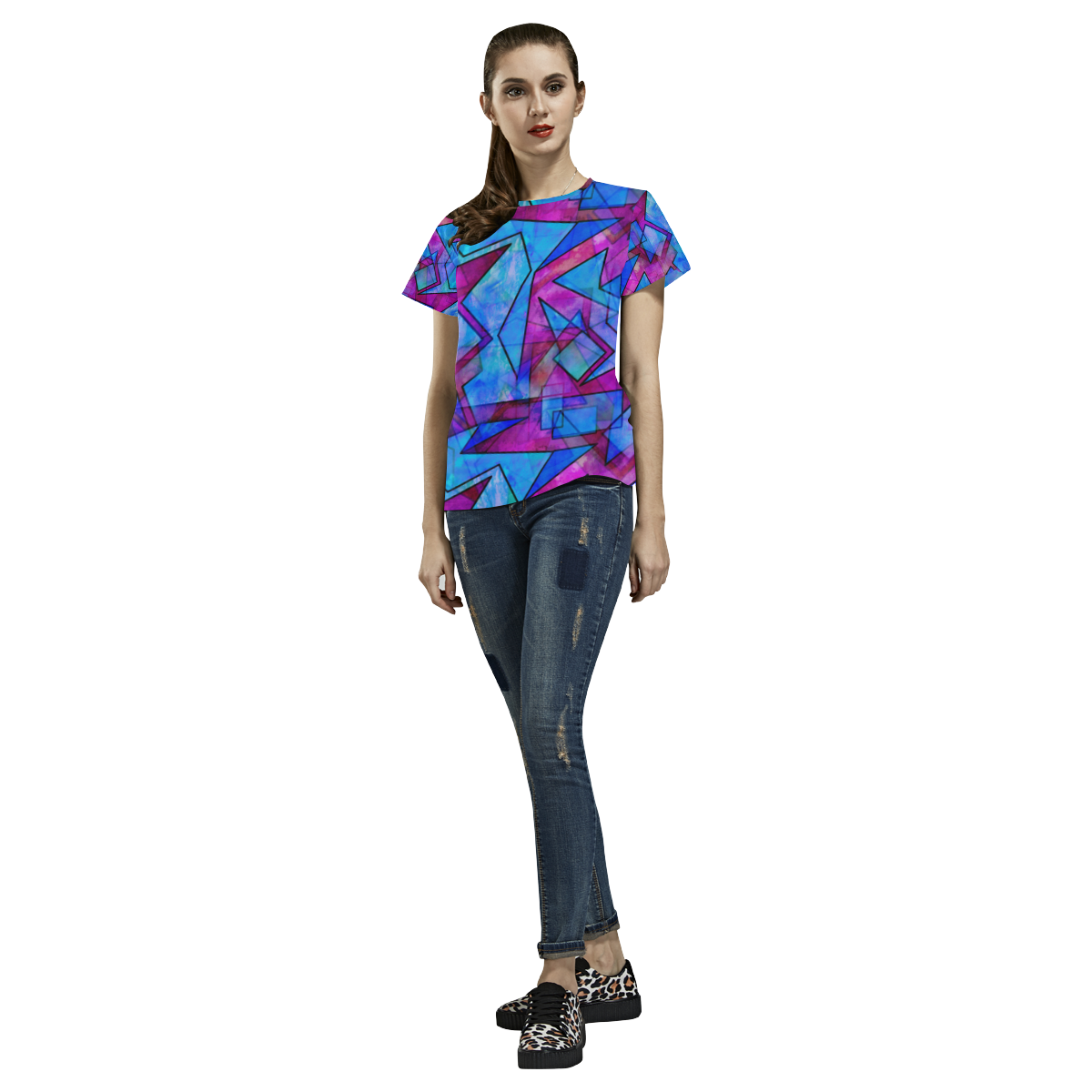 Magenta And Blue Geometry All Over Print T-Shirt for Women (USA Size) (Model T40)