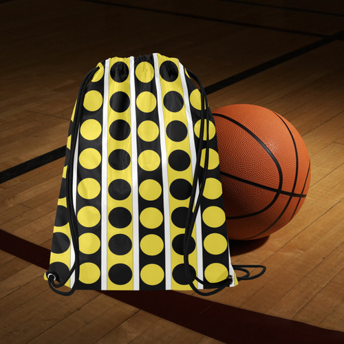 Black, White, Yellow Stripes and Circles Medium Drawstring Bag Model 1604 (Twin Sides) 13.8"(W) * 18.1"(H)