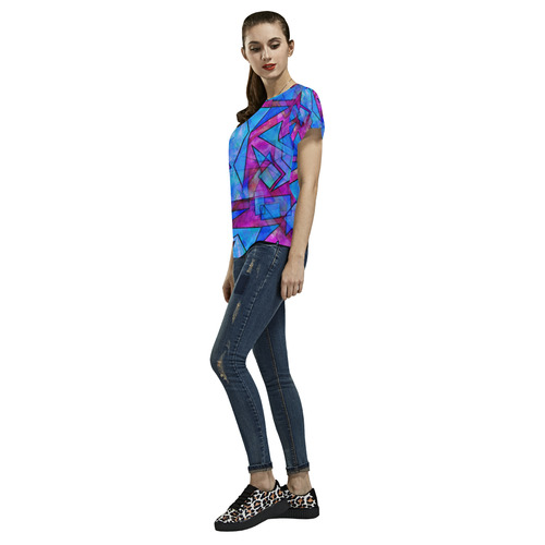 Magenta And Blue Geometry All Over Print T-Shirt for Women (USA Size) (Model T40)