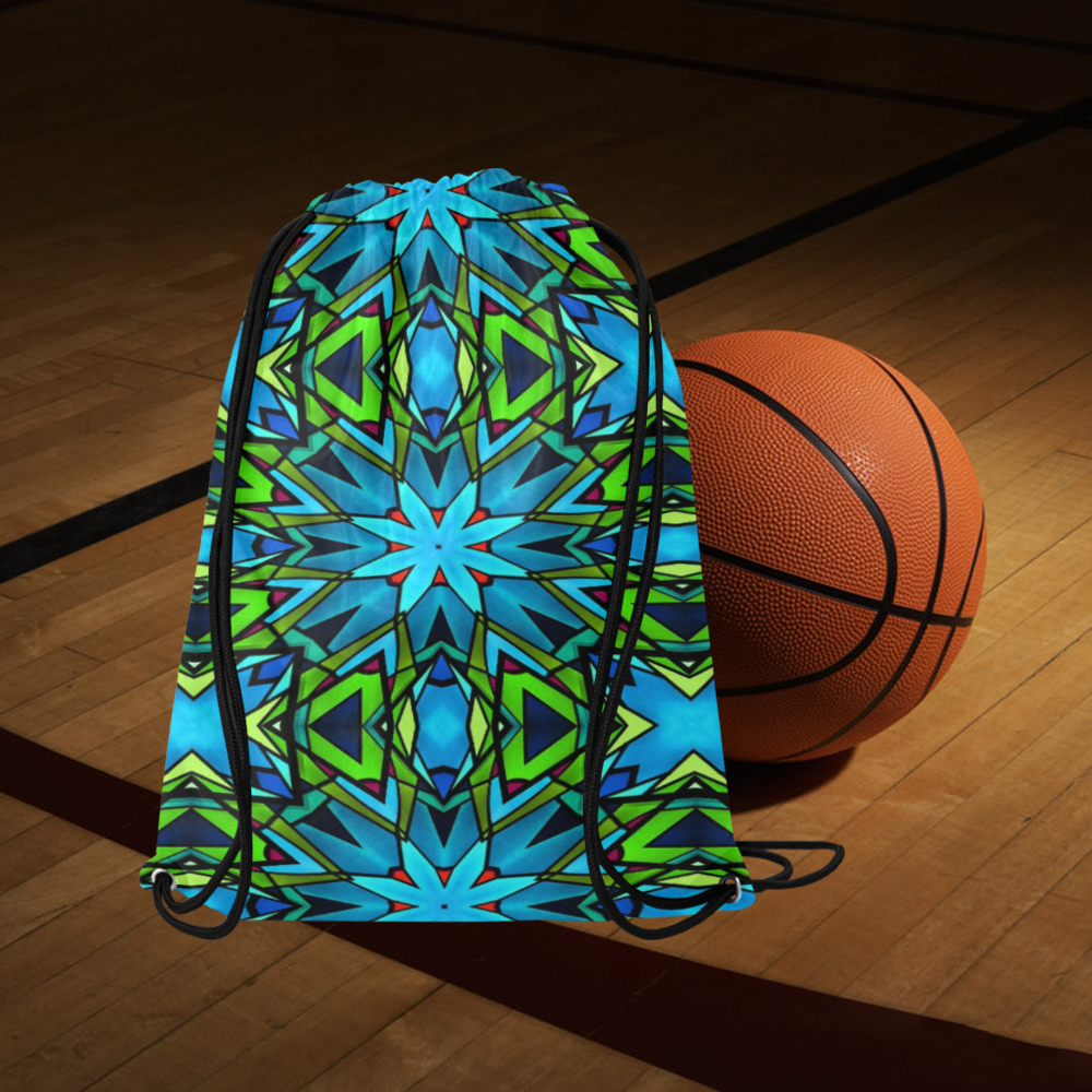 Blue and Green Stained Glass Medium Drawstring Bag Model 1604 (Twin Sides) 13.8"(W) * 18.1"(H)