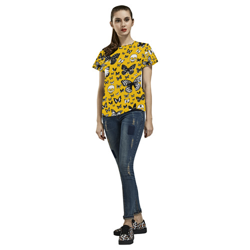 Skulls & Butterflies on Yellow All Over Print T-Shirt for Women (USA Size) (Model T40)