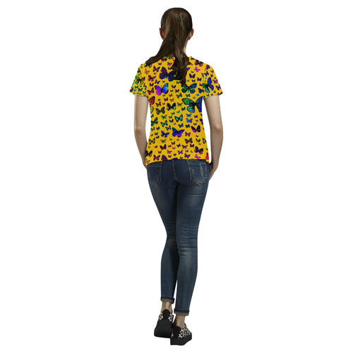 Rainbow Butterflies on Yellow All Over Print T-Shirt for Women (USA Size) (Model T40)