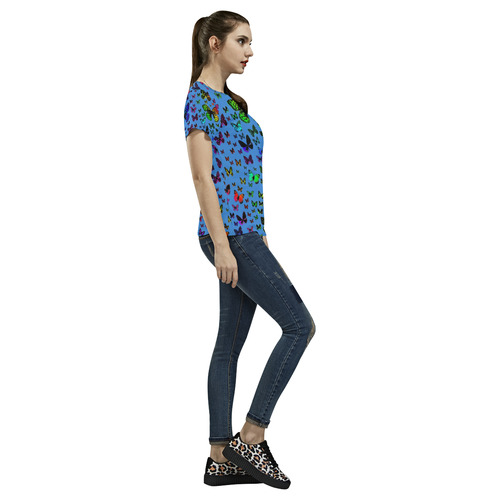 Rainbow Butterflies on Blue All Over Print T-Shirt for Women (USA Size) (Model T40)