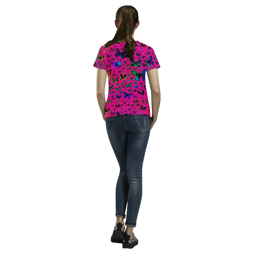 Rainbow Butterflies on Pink All Over Print T-Shirt for Women (USA Size) (Model T40)