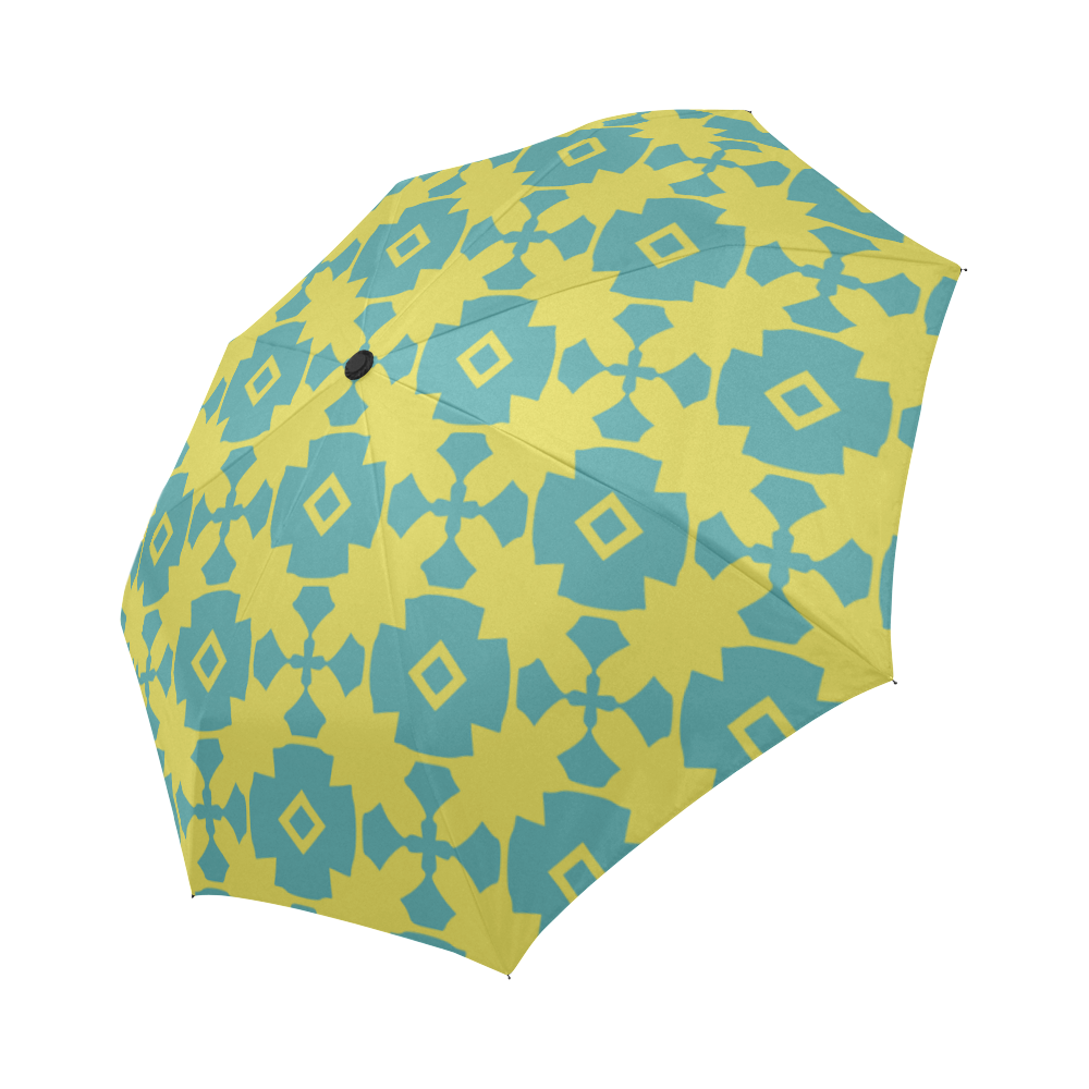 Yellow Teal Geometric Tile Pattern Auto-Foldable Umbrella (Model U04)