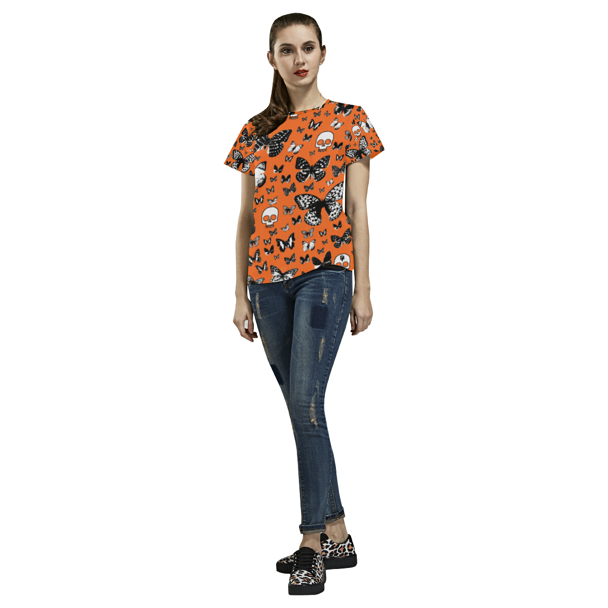 Skulls & Butterflies on Orange All Over Print T-Shirt for Women (USA Size) (Model T40)