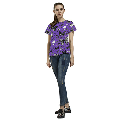 Skulls & Butterflies on Purple All Over Print T-Shirt for Women (USA Size) (Model T40)
