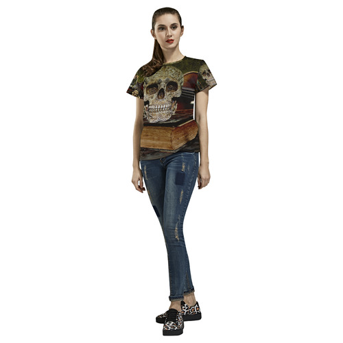 Funny Skull and Book All Over Print T-Shirt for Women (USA Size) (Model T40)