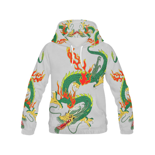 Green Chinese Dragon Light Grey All Over Print Hoodie for Women (USA Size) (Model H13)