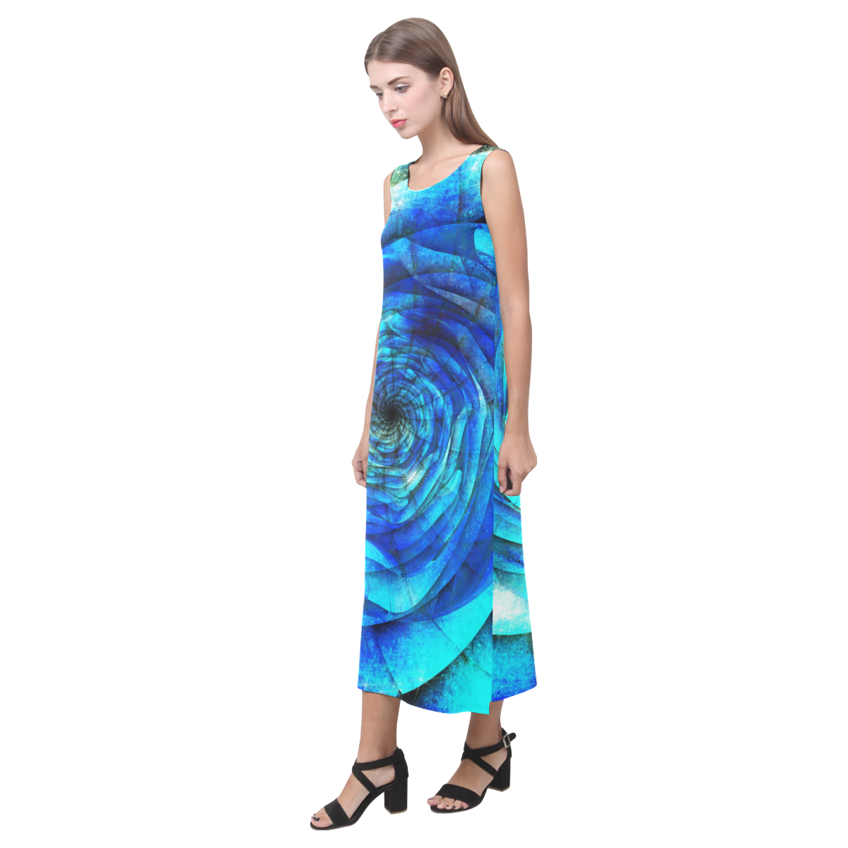 Galaxy Wormhole Spiral 3D - Jera Nour Phaedra Sleeveless Open Fork Long Dress (Model D08)
