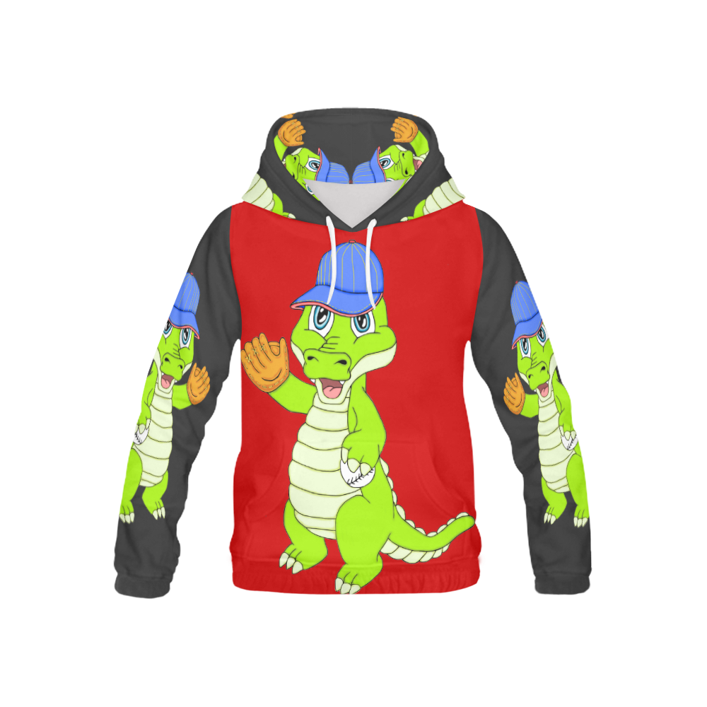 Baseball Gator Red/Black Two Toned All Over Print Hoodie for Kid (USA Size) (Model H13)