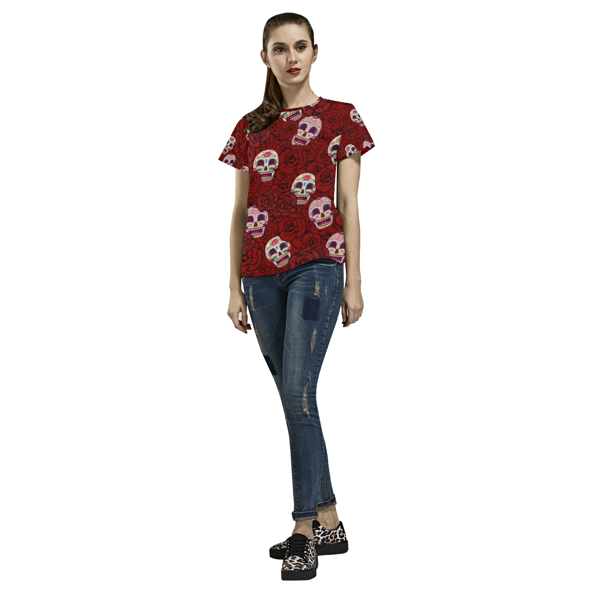 Rose Sugar Skull All Over Print T-Shirt for Women (USA Size) (Model T40)