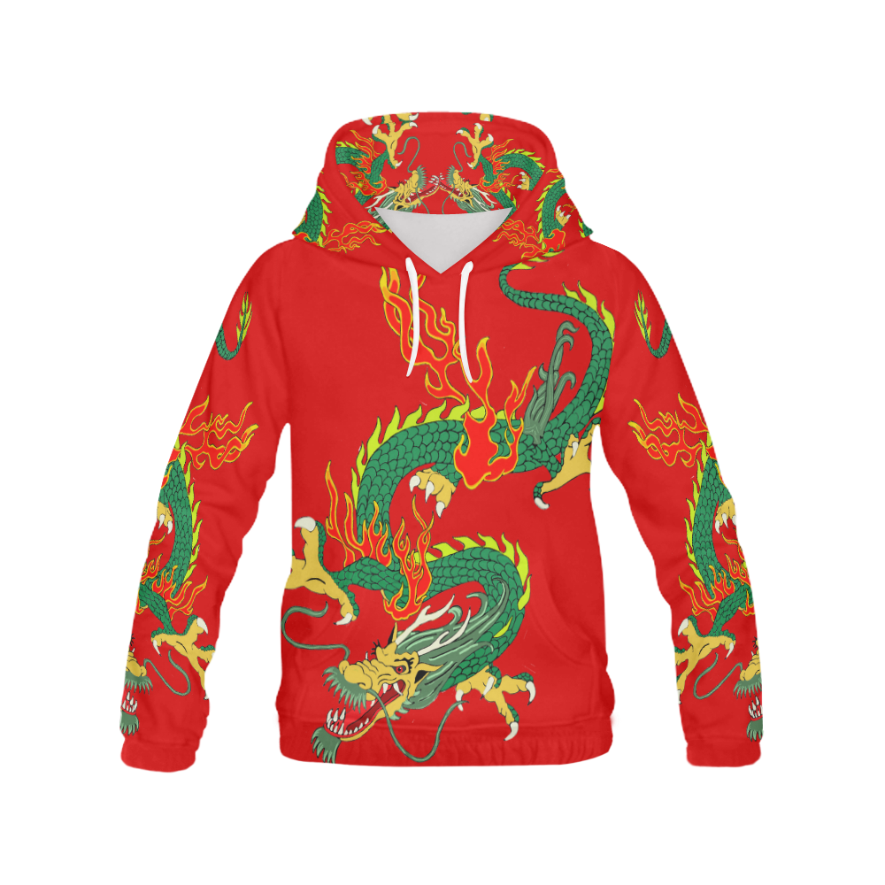 Green Chinese Dragon Red All Over Print Hoodie for Women (USA Size) (Model H13)