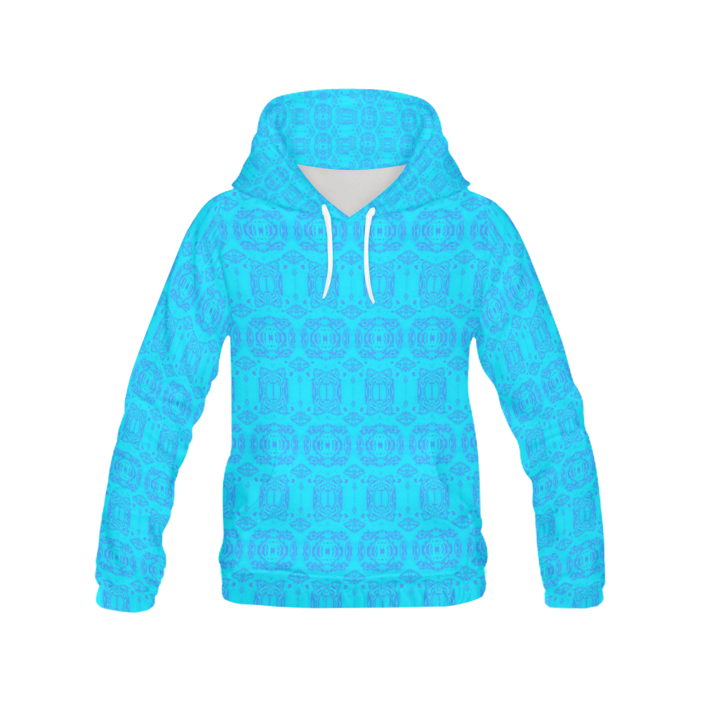 Abstract Blue and Turquoise Damask All Over Print Hoodie for Women (USA Size) (Model H13)