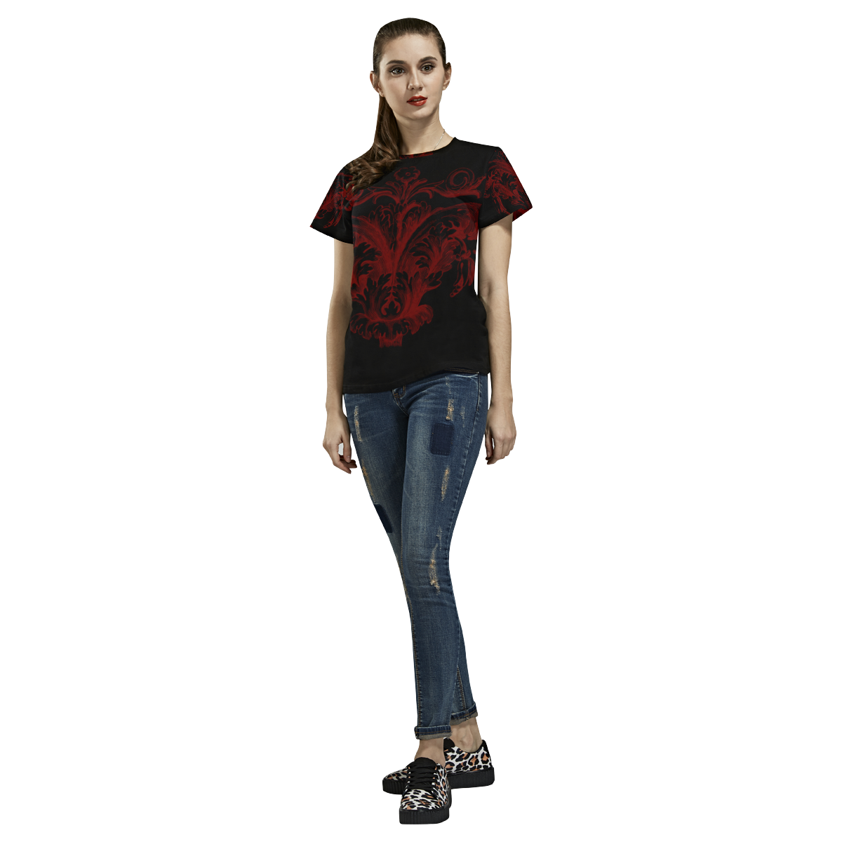Red Damask Goth Print All Over Print T-Shirt for Women (USA Size) (Model T40)