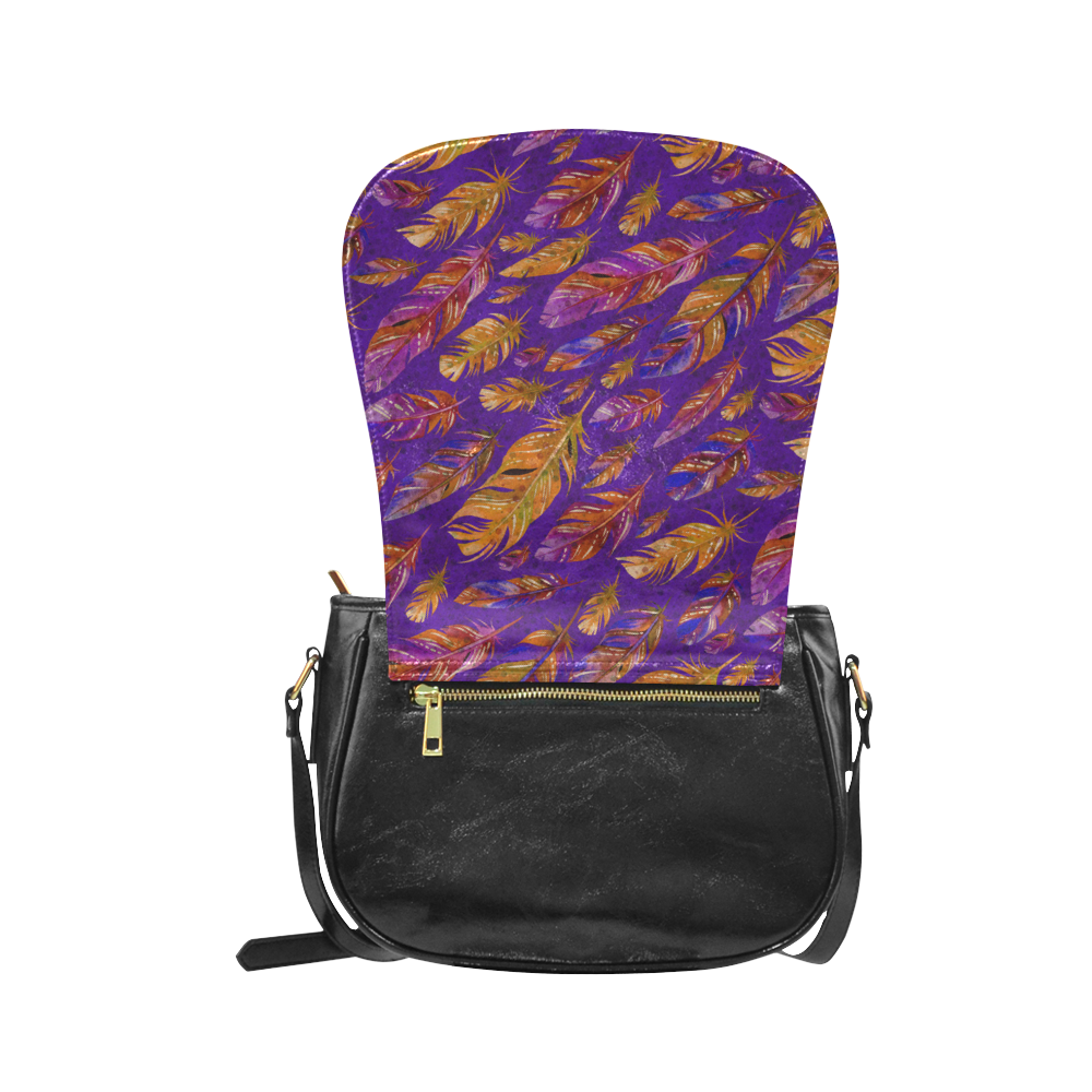 Watercolor Feathers And Dots Pattern Purple Classic Saddle Bag/Small (Model 1648)