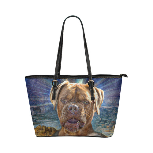 Funny Art BULLDOG MONA LISA Leather Tote Bag/Large (Model 1651)