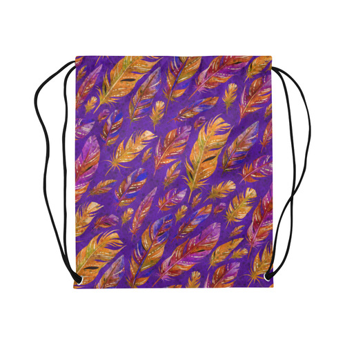 Watercolor Feathers And Dots Pattern Purple Large Drawstring Bag Model 1604 (Twin Sides)  16.5"(W) * 19.3"(H)