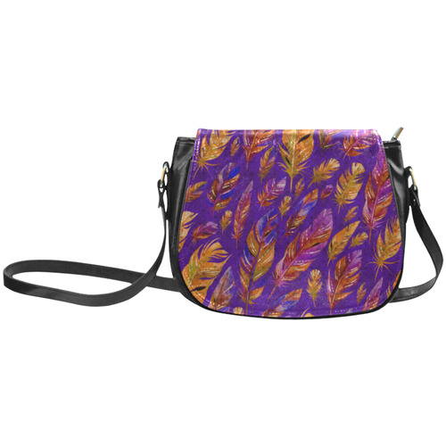 Watercolor Feathers And Dots Pattern Purple Classic Saddle Bag/Large (Model 1648)