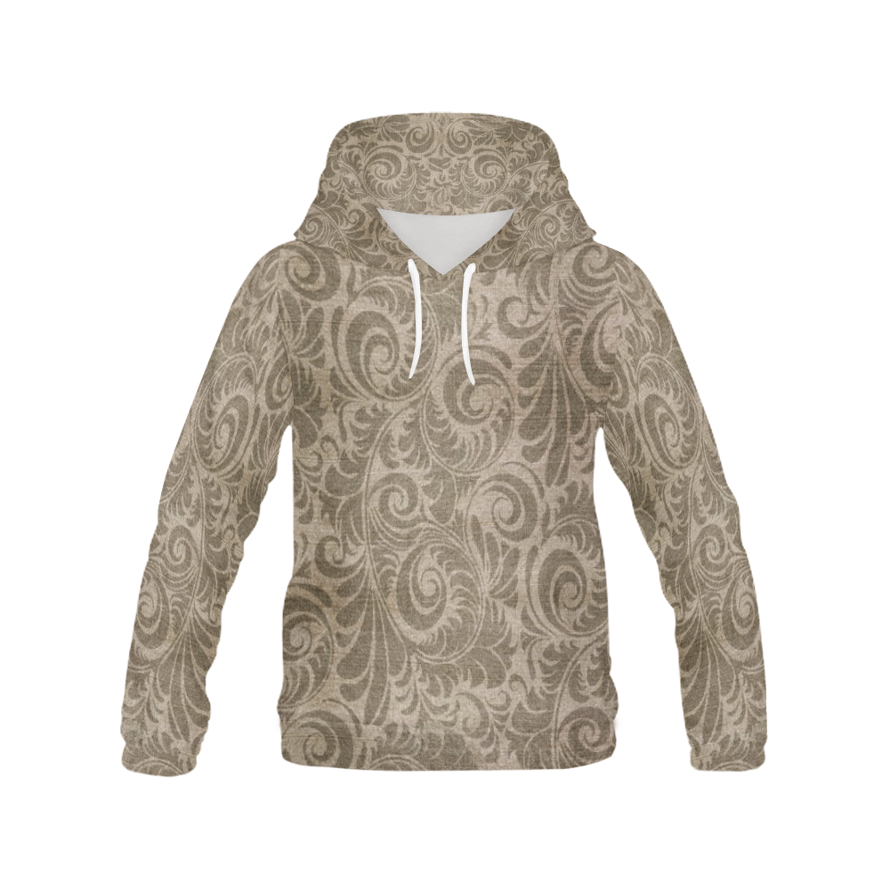 Denim with vintage floral pattern, light brown All Over Print Hoodie for Women (USA Size) (Model H13)