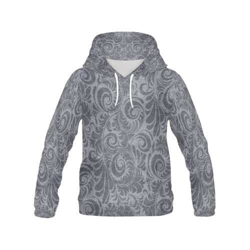 Denim with vintage floral pattern, light grey All Over Print Hoodie for Women (USA Size) (Model H13)