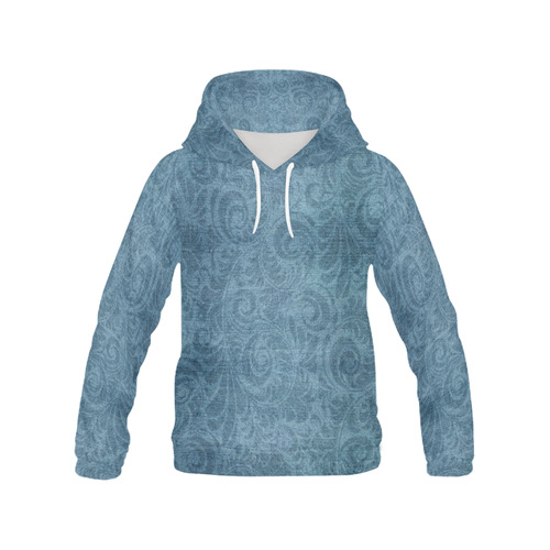 Denim with vintage floral pattern, turquoise blue All Over Print Hoodie for Men (USA Size) (Model H13)
