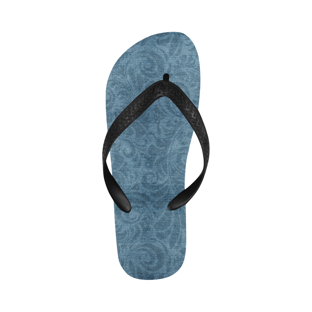 Denim with vintage floral pattern, turquoise blue Flip Flops for Men/Women (Model 040)