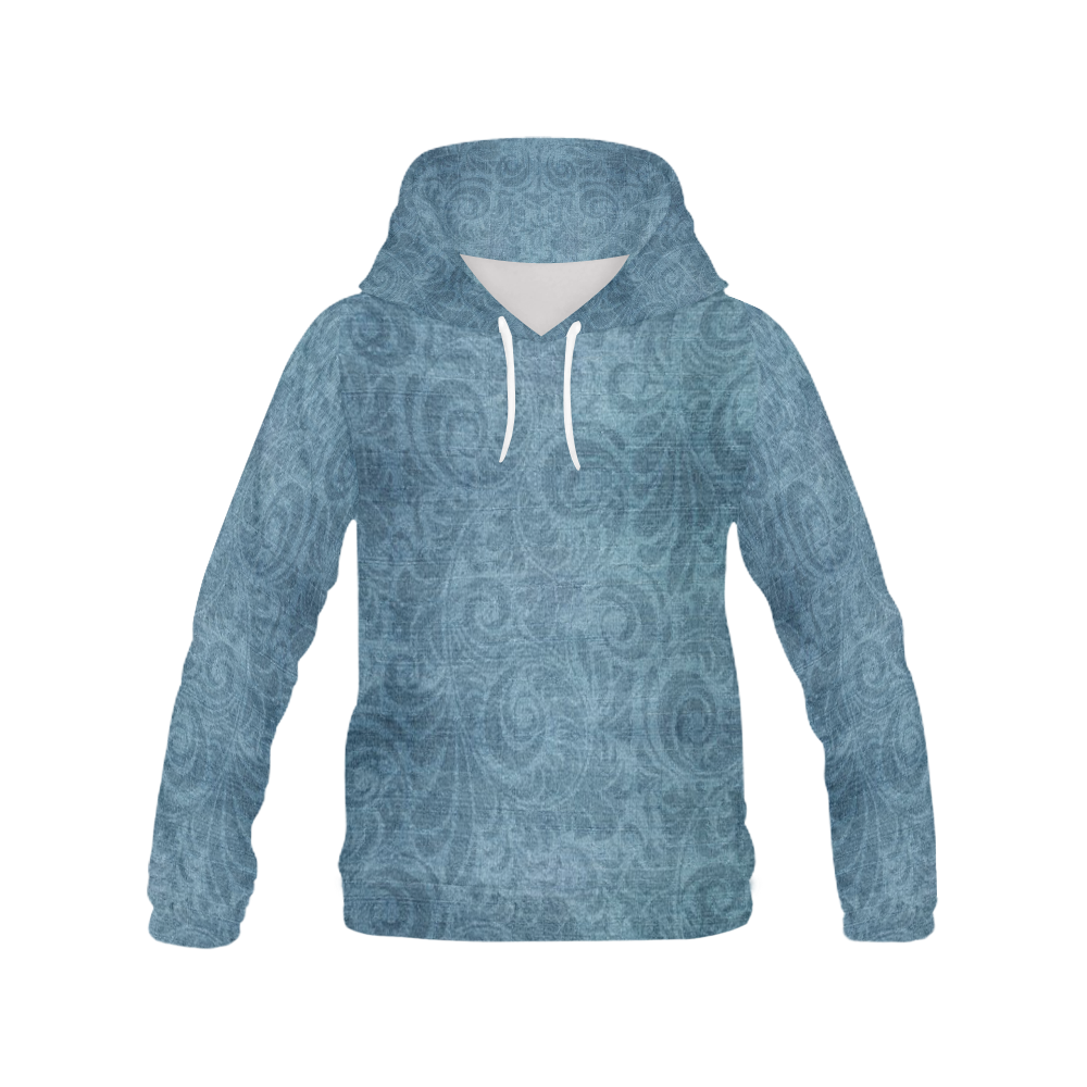 Denim with vintage floral pattern, turquoise blue All Over Print Hoodie for Women (USA Size) (Model H13)