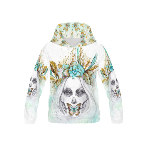 watercolor sugar skull woman mint gold All Over Print Hoodie for Kid (USA Size) (Model H13)