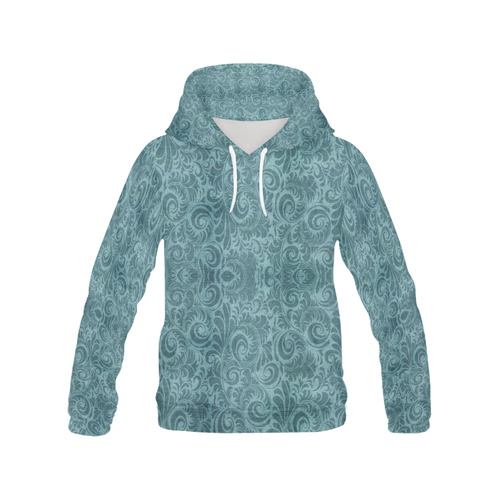 Denim with vintage floral pattern, turquoise teal All Over Print Hoodie for Men (USA Size) (Model H13)