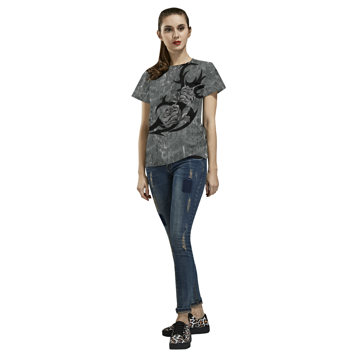 Tribal Roses Grunge Gothic Art Tee All Over Print T-Shirt for Women (USA Size) (Model T40)