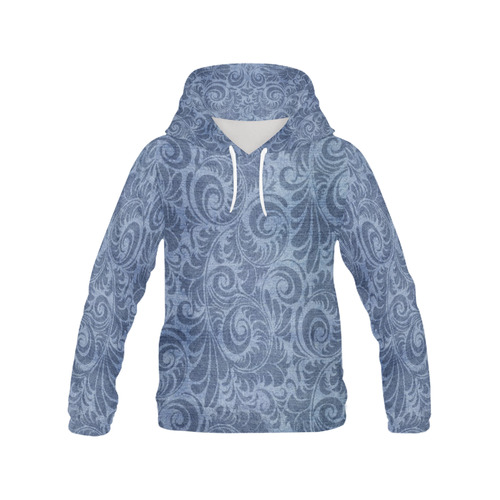 Denim with vintage floral pattern, blue boho All Over Print Hoodie for Women (USA Size) (Model H13)