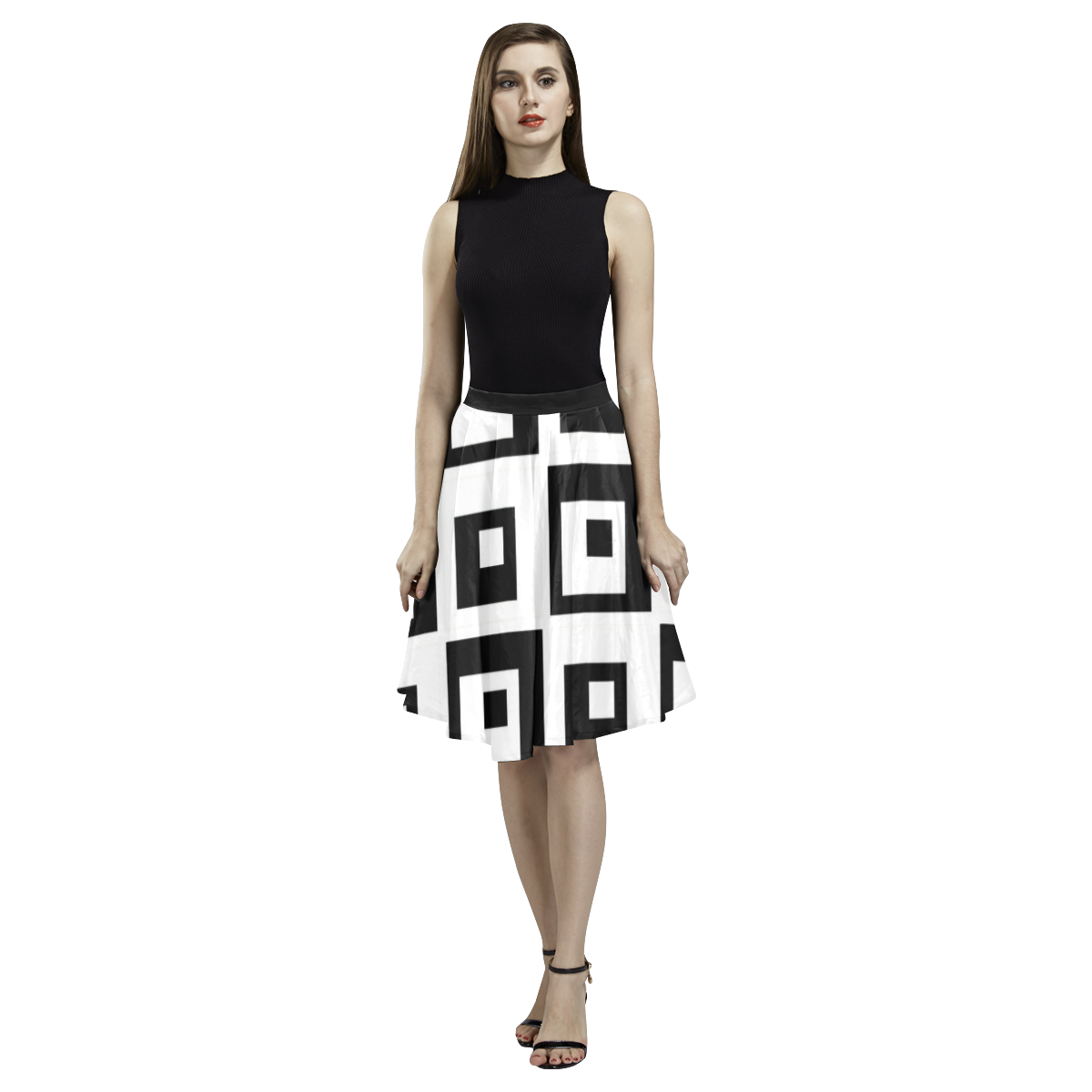 Black & White Cubes Melete Pleated Midi Skirt (Model D15)