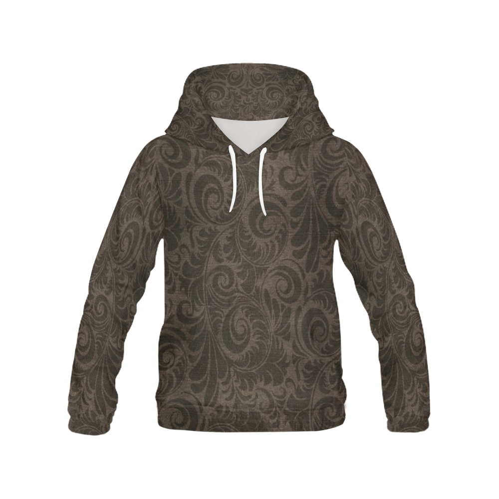 Denim with vintage floral pattern, dark brown All Over Print Hoodie for Women (USA Size) (Model H13)