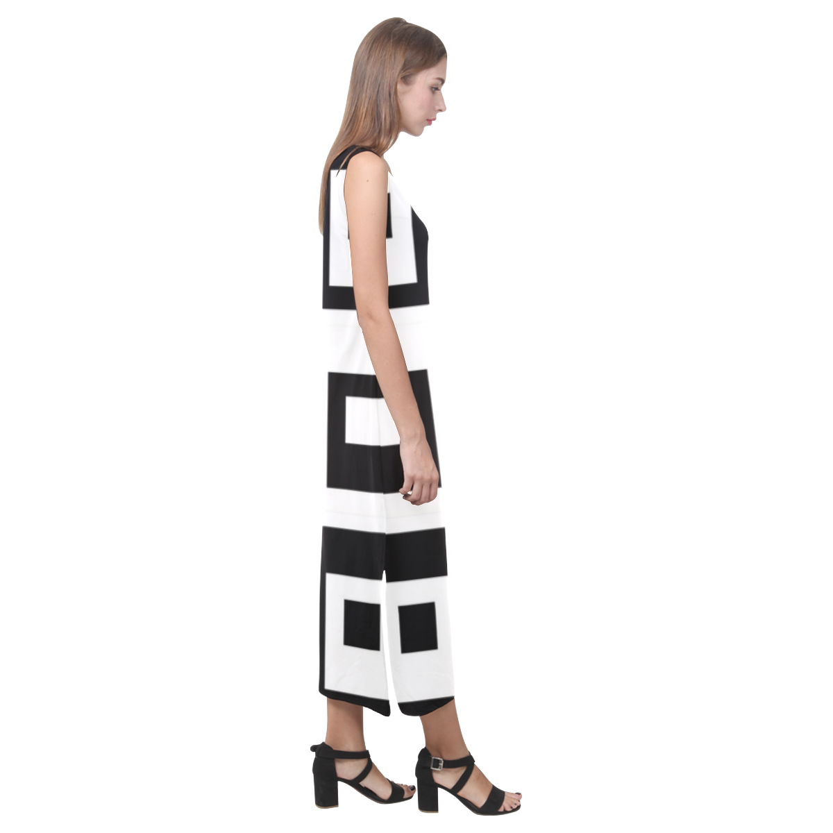 Black & White Cubes Phaedra Sleeveless Open Fork Long Dress (Model D08)