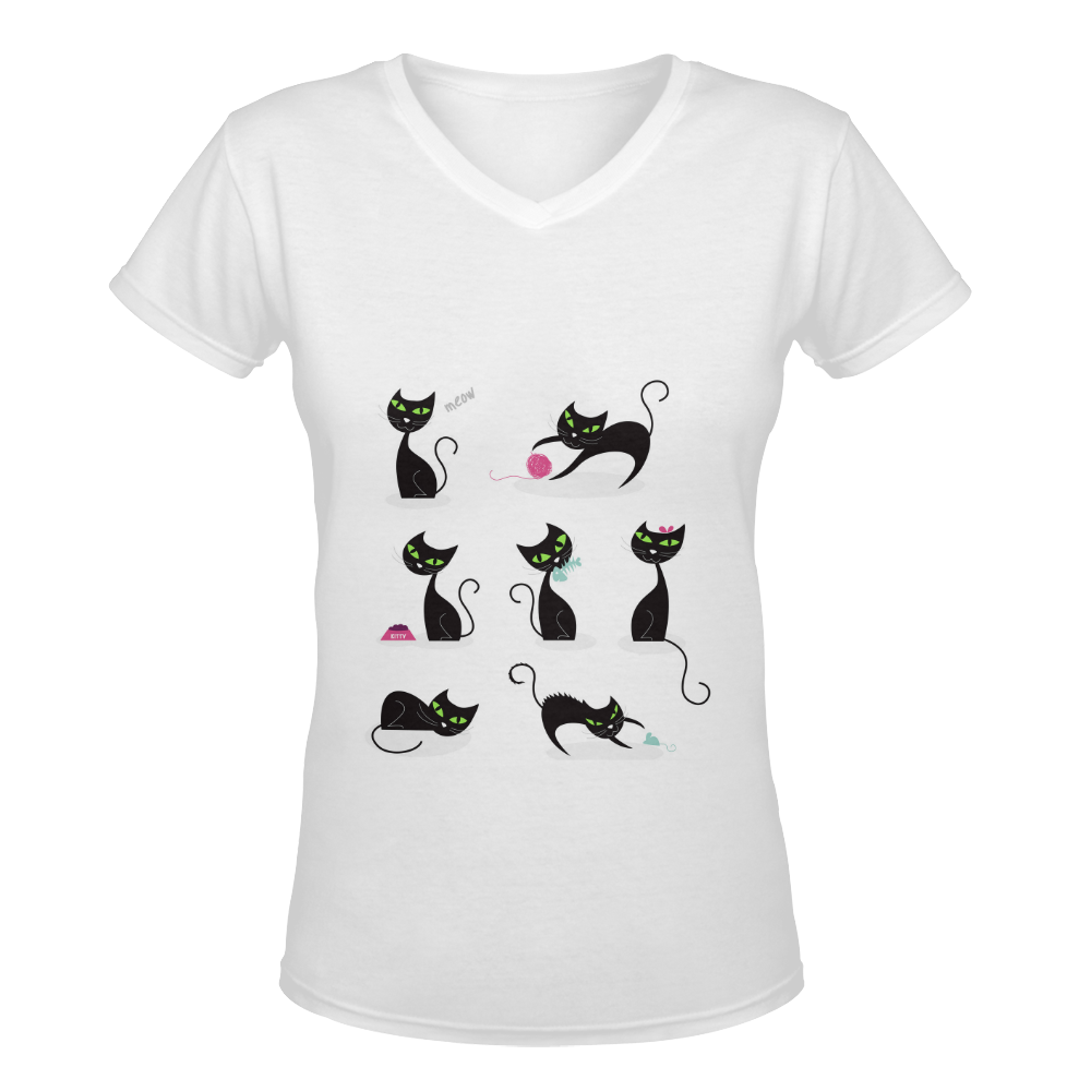 Designers tshirt white with Black cats Women's Deep V-neck T-shirt (Model T19)