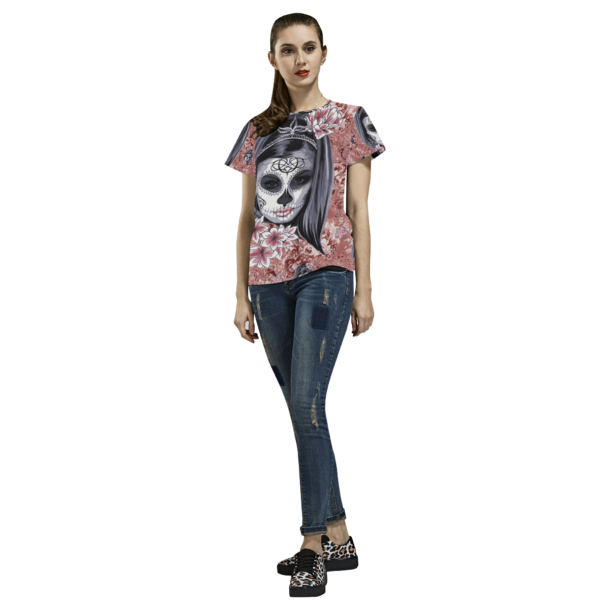 Skull Of A Pretty Flowers Lady Pattern All Over Print T-Shirt for Women (USA Size) (Model T40)