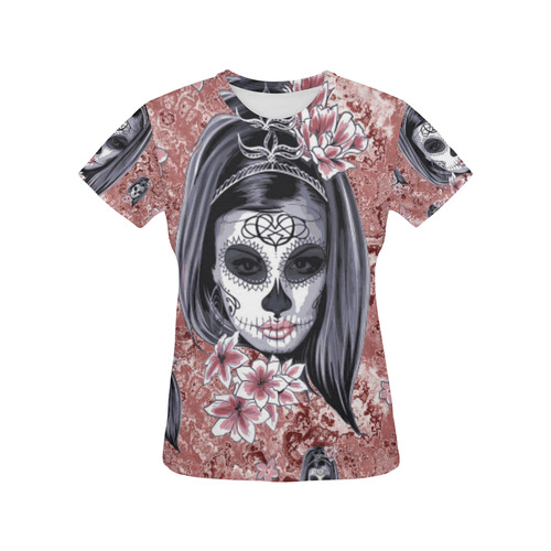 Skull Of A Pretty Flowers Lady Pattern All Over Print T-Shirt for Women (USA Size) (Model T40)