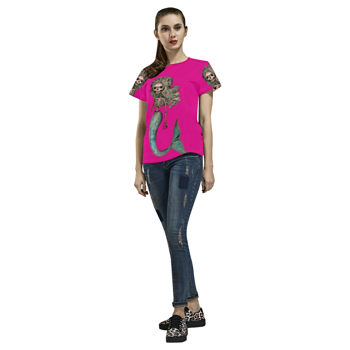 Creepy Carla skeleton mermaid pink All Over Print T-Shirt for Women (USA Size) (Model T40)