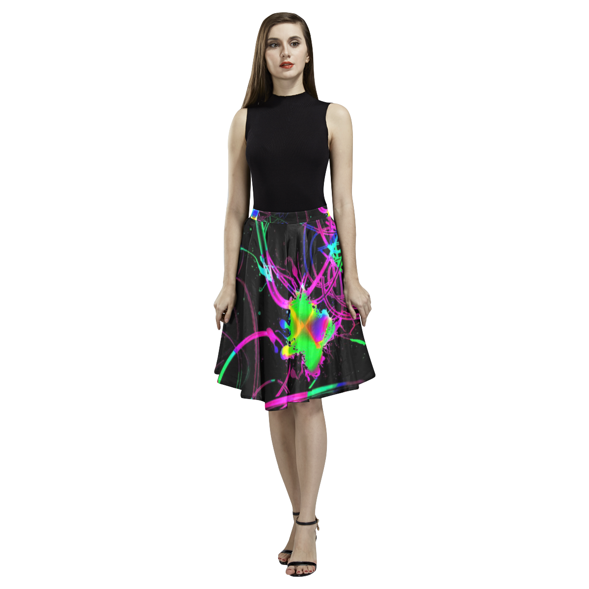 abstract Neon Fun 12 by JamColors Melete Pleated Midi Skirt (Model D15)
