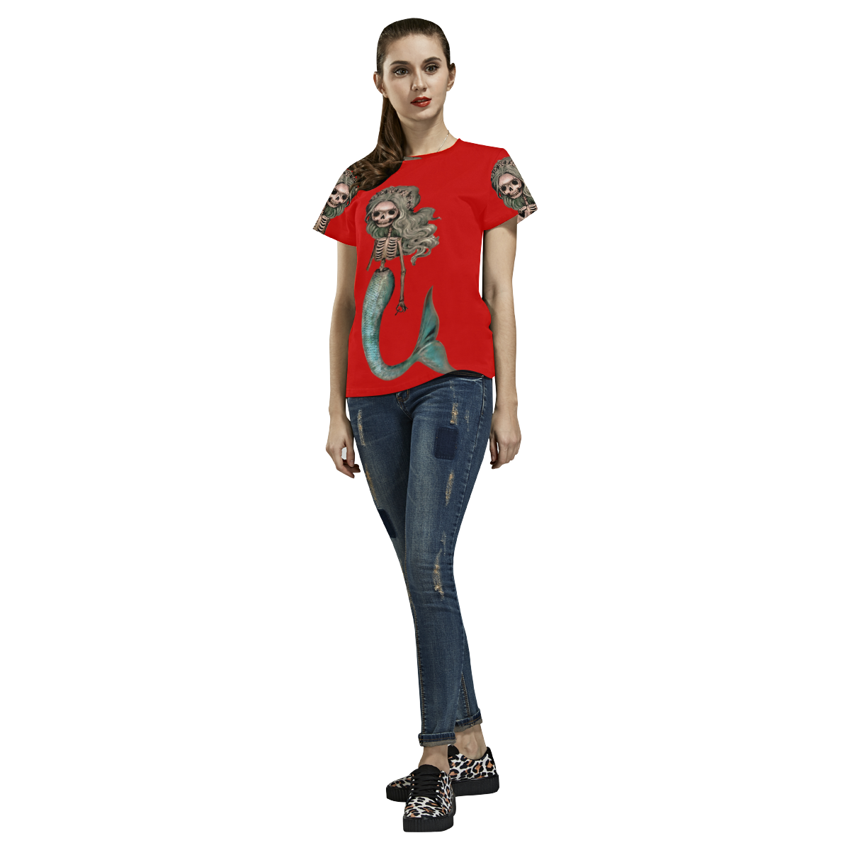 Creepy Carla skeleton mermaid red All Over Print T-Shirt for Women (USA Size) (Model T40)