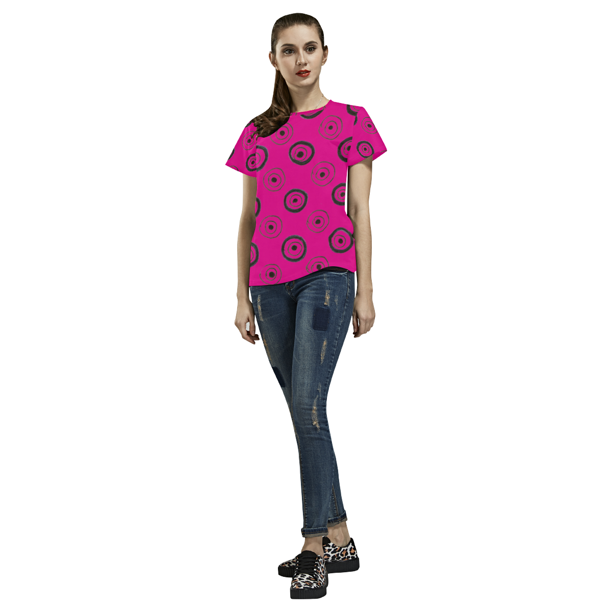 Ladies designers tshirt : PINK BLACK All Over Print T-Shirt for Women (USA Size) (Model T40)