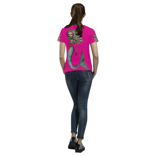 Creepy Carla skeleton mermaid pink All Over Print T-Shirt for Women (USA Size) (Model T40)